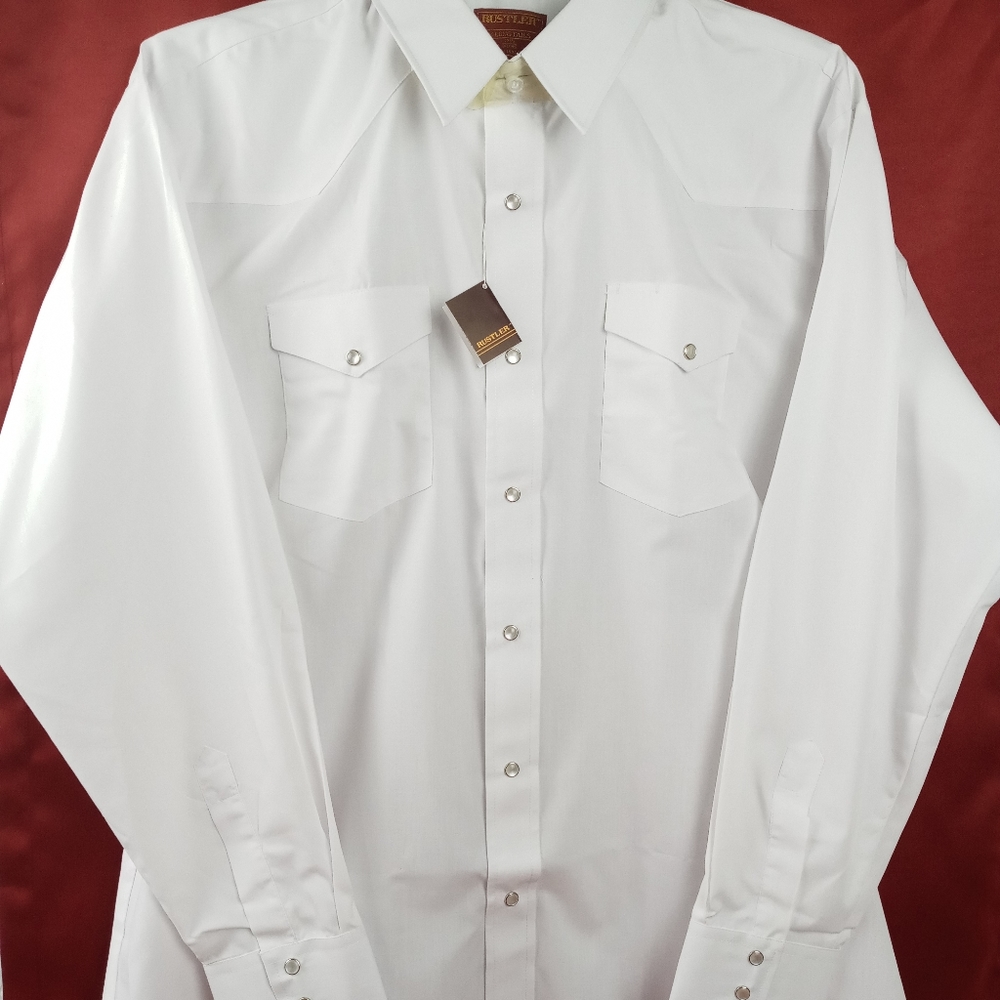 Rustler Western White Shirt Snap Pearl Button Front XL Long Tail Sz 17 1/2 34/35